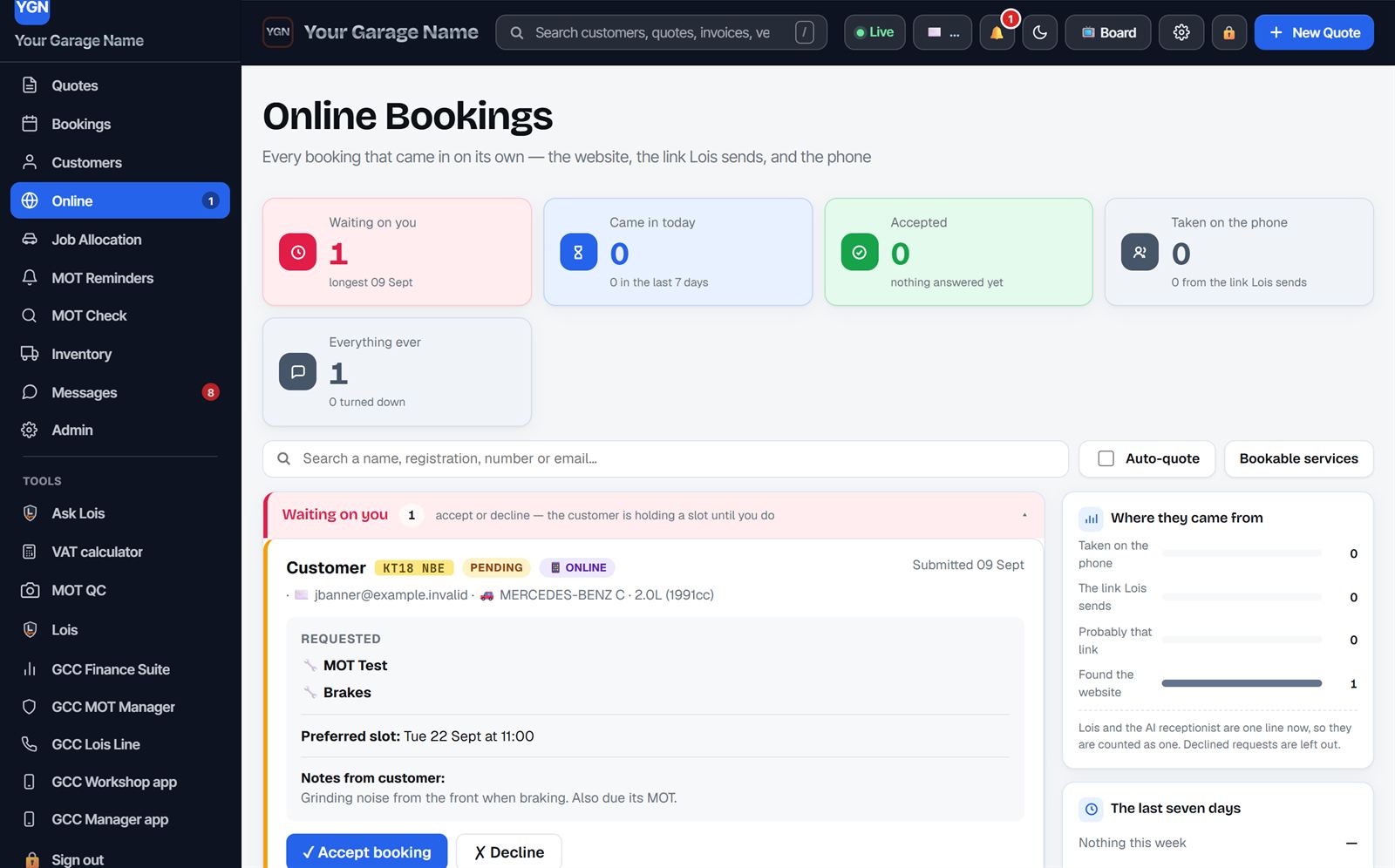 Online Bookings: a request that came in from the website showing the car, the work asked for, the preferred slot and Accept or Decline buttons.
