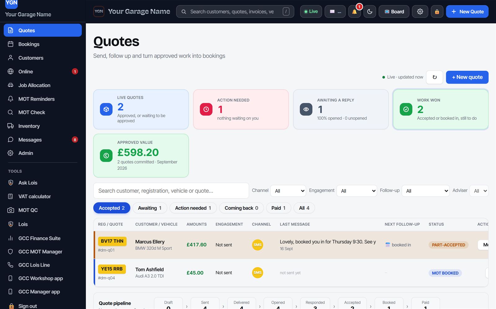 The Quotes screen: live quotes, action needed, approved value of £598.20, and two quotes listed with their registration, vehicle, price and status.